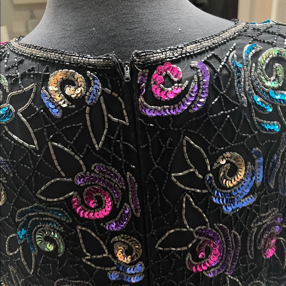 Vintage 80’s Laurence Kazar Multicolor Black 100% Silk Sequin Top Extra Large - Picture 4 of 7